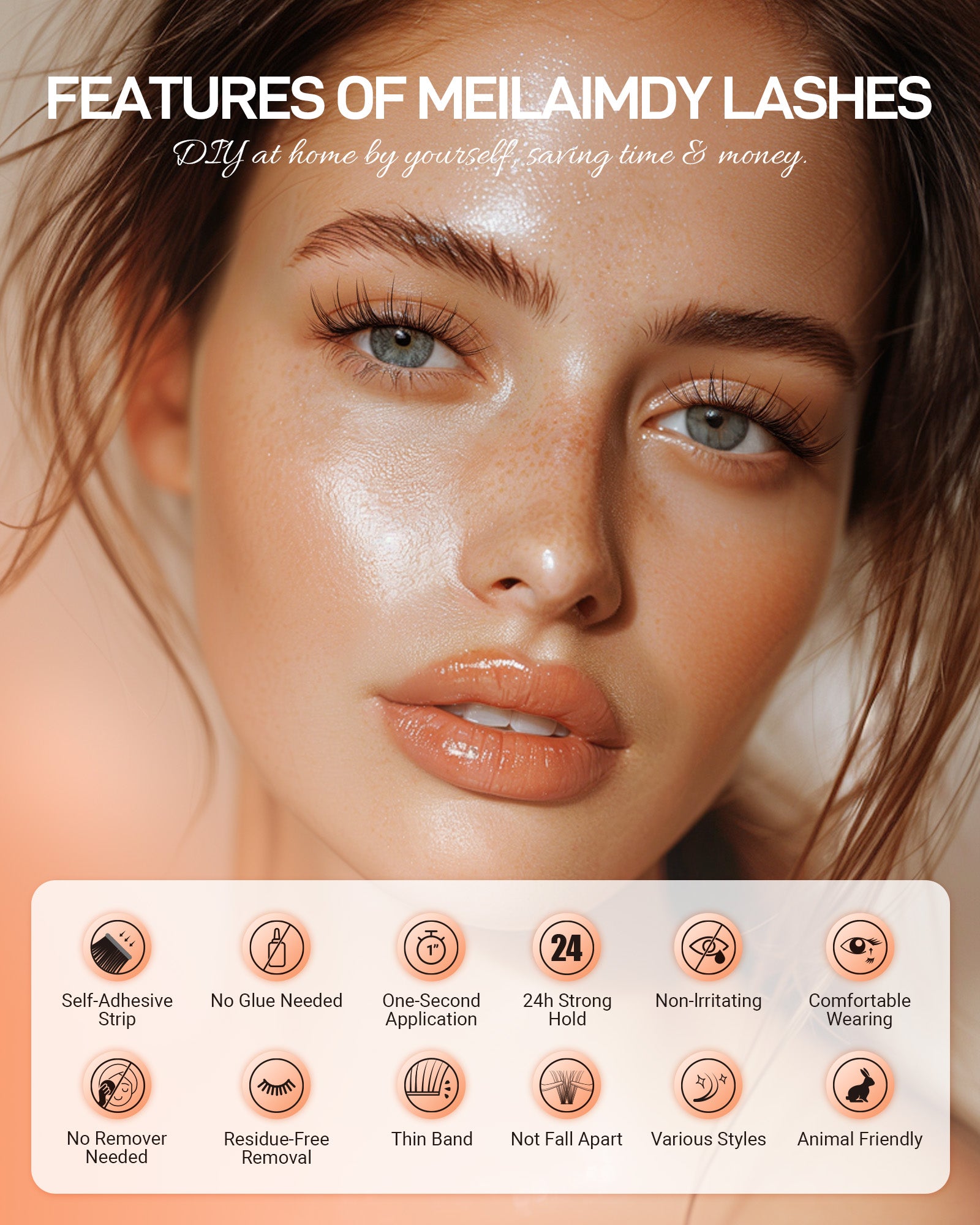 MEILAIMDY Self Adhesive DIY Lashes,0.07mm C Curl 40 Clusters 10-14mm Mixed Length Pre Glued False Eyelashes No Glue Needed Wispy MSA-DIY-011