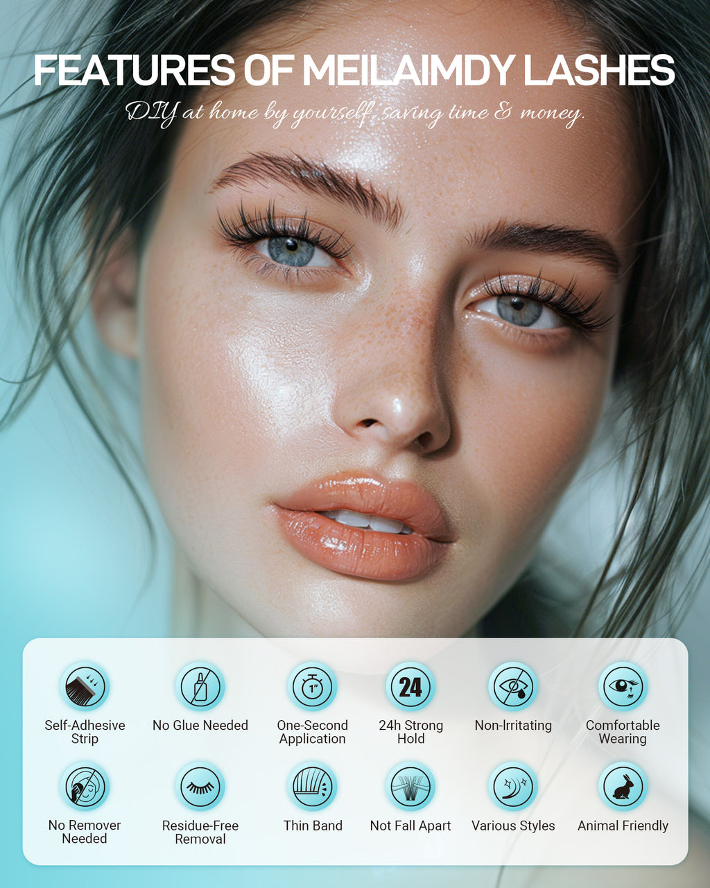 MEILAIMDY Self Adhesive DIY Lashes,0.07mm C Curl 56 Clusters 6-15mm Mixed Length Pre Glued False Eyelashes No Glue Needed Wispy Makeup MSA-DIY-009