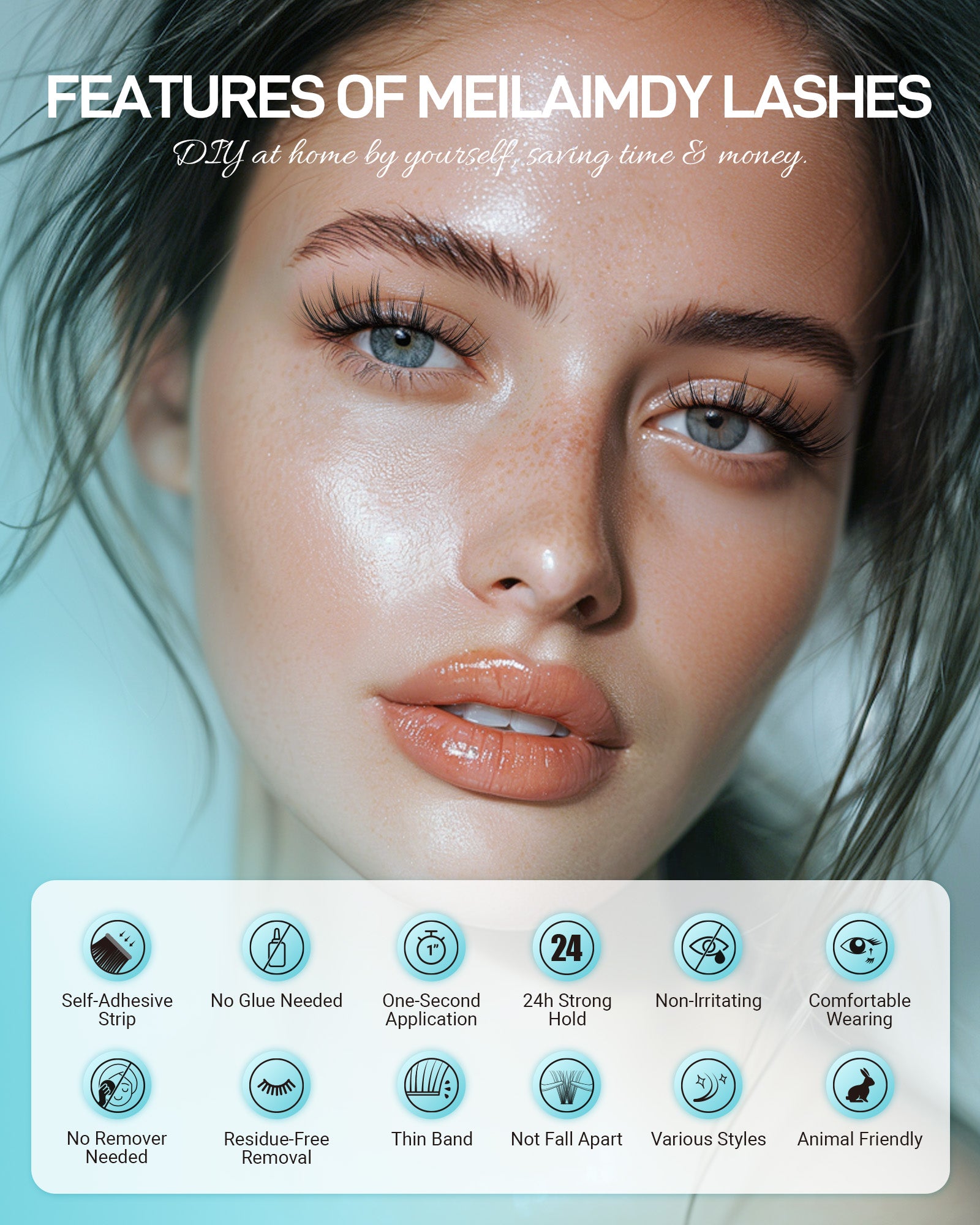 MEILAIMDY Self Adhesive DIY Lashes,0.07mm C Curl 56 Clusters 6-15mm Mixed Length Pre Glued False Eyelashes No Glue Needed Wispy Makeup MSA-DIY-009