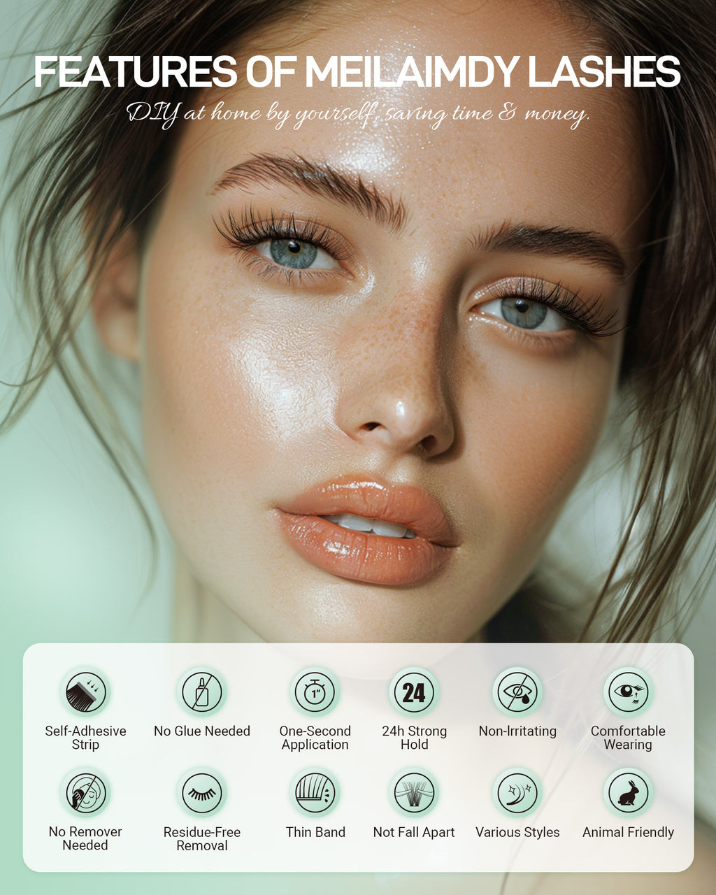 MEILAIMDY Self Adhesive DIY Lashes,0.07mm C Curl 64 Clusters 10-16mm Mixed Length Pre Glued False Eyelashes No Glue Needed Natural Wispy MSA-DIY-015