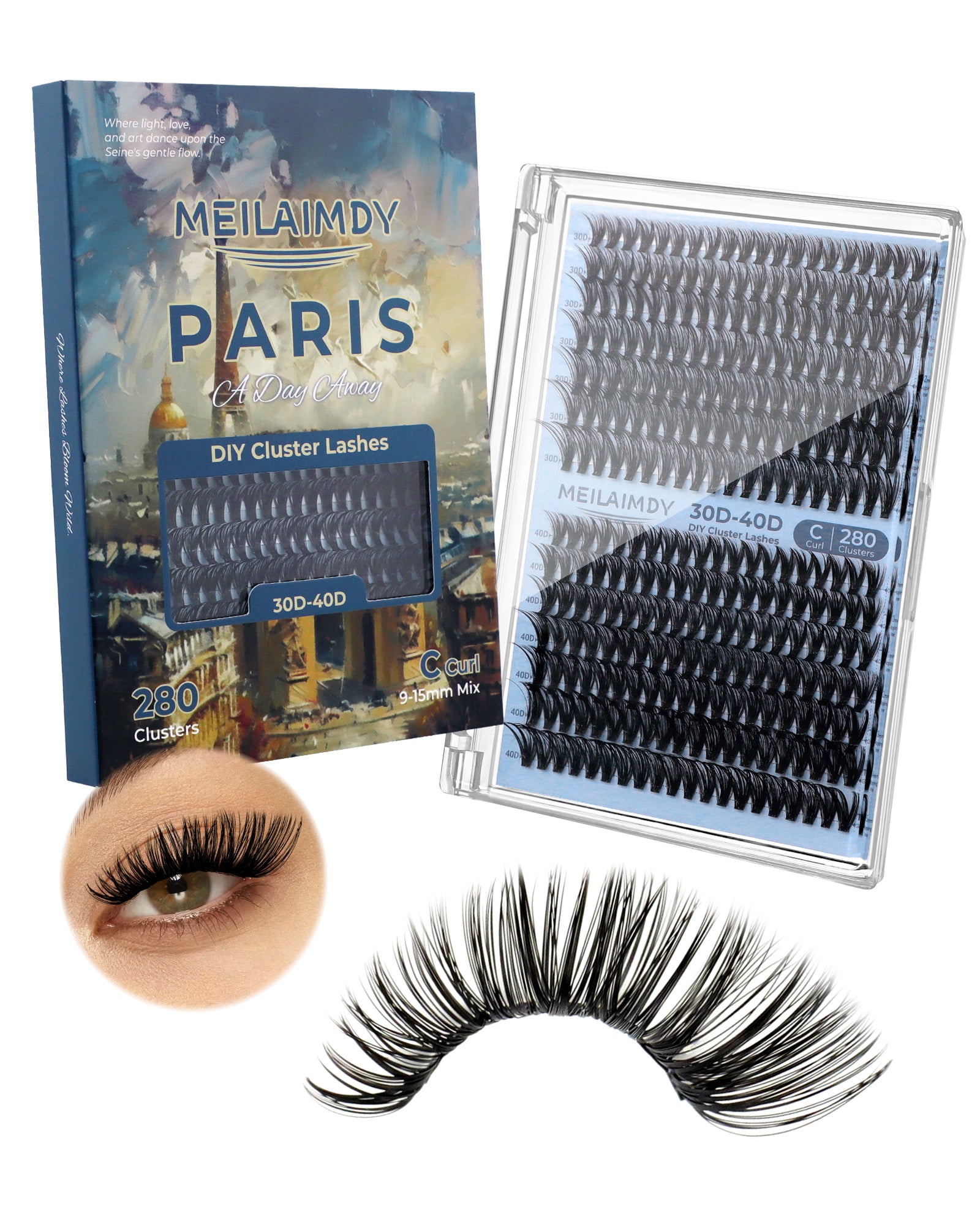 MEILAIMDY 30D 40D DIY Cluster Lashes 0.07mm C Curl 9-15mm Reusable (MEDIY3040C, Black 280 Clusters)