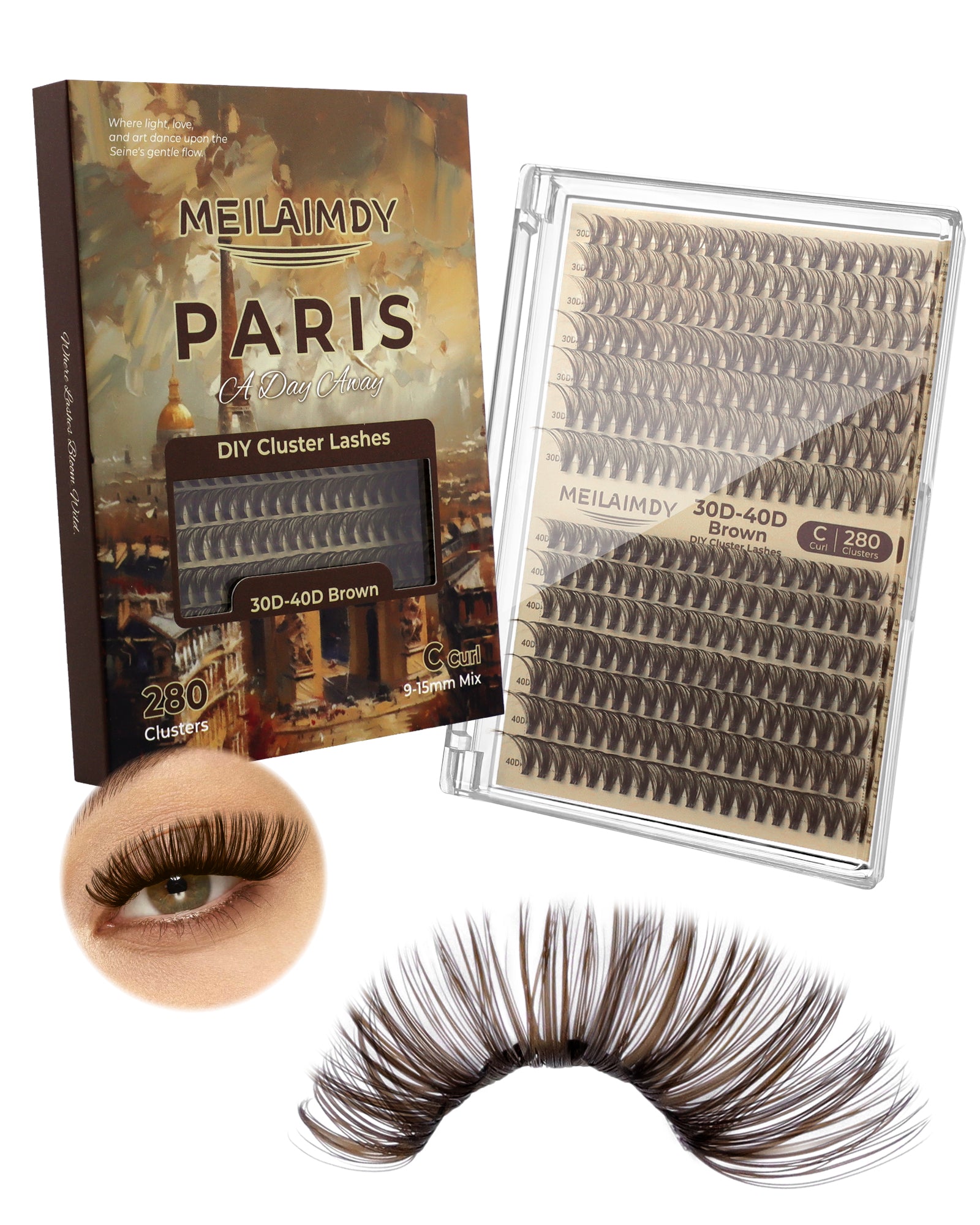 MEILAIMDY 30D 40D DIY Cluster Lashes 0.07mm C Curl 9-15mm Reusable (MEDIYBR3040C, Brown 280 Clusters)