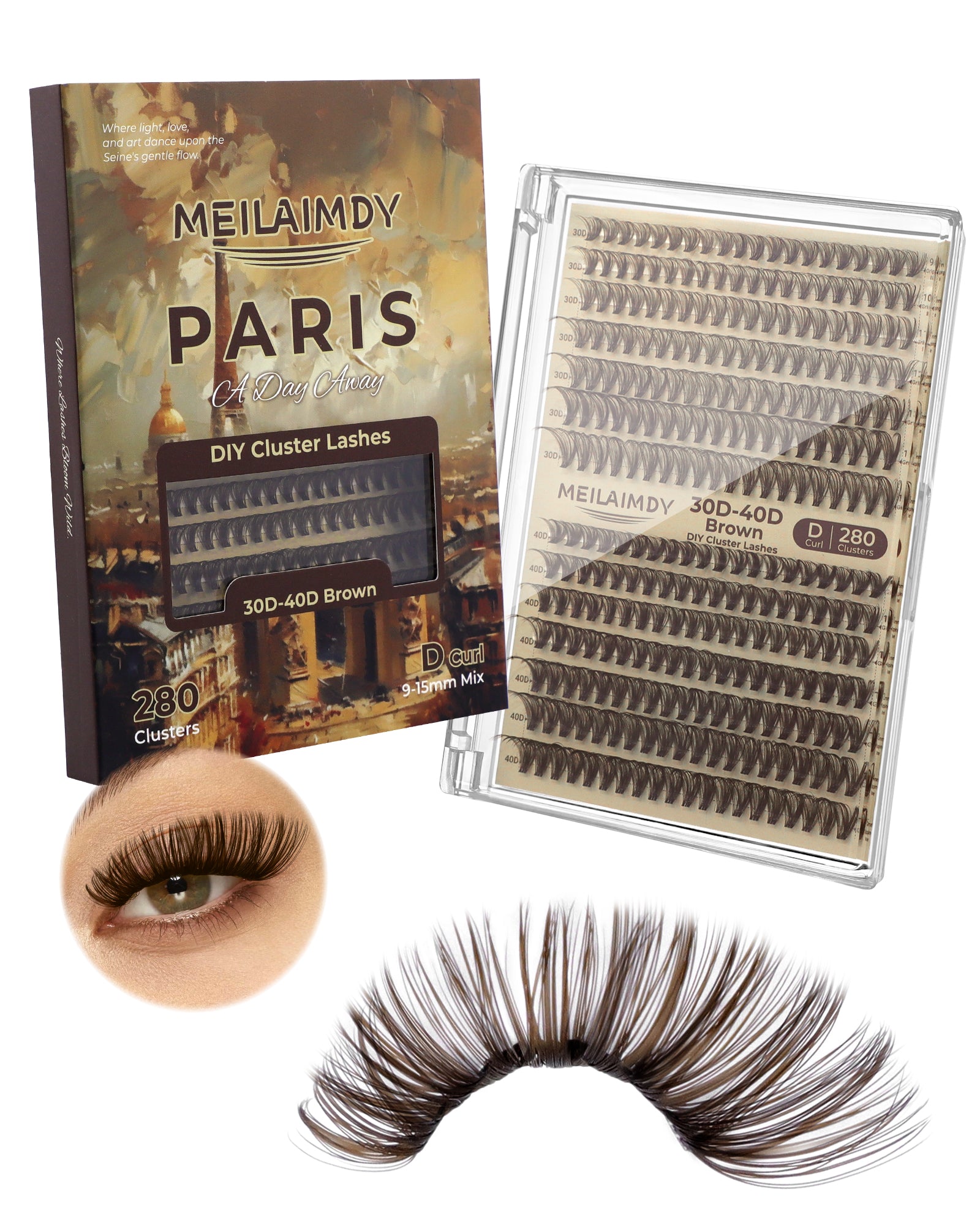 MEILAIMDY 30D 40D DIY Cluster Lashes 0.07mm D Curl 9-15mm Reusable (MEDIYBR3040D, Brown 280 Clusters)