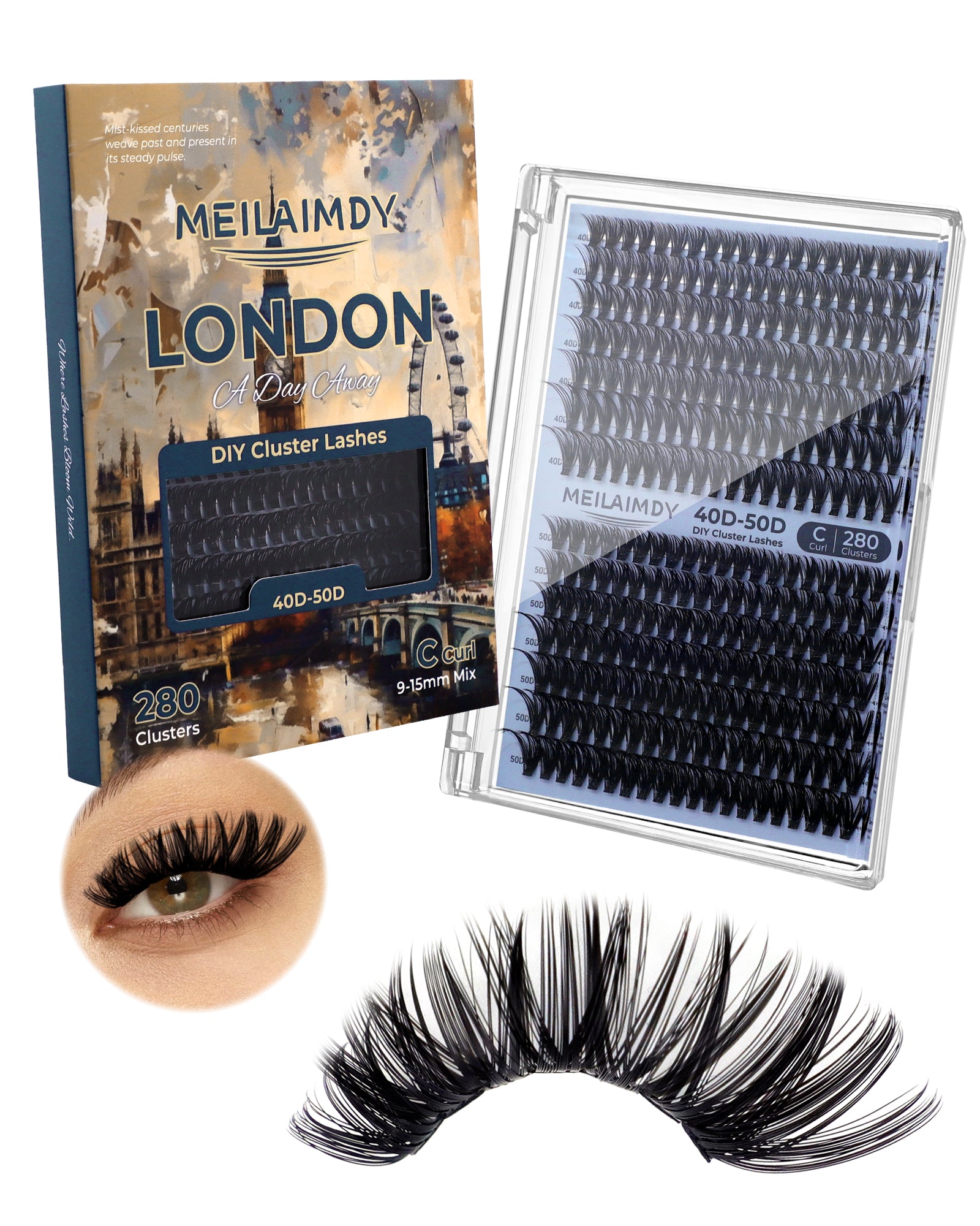 MEILAIMDY 40D 50D DIY Cluster Lashes 0.07mm C Curl 9-15mm Reusable (MEDIY4050C, Black 280 Clusters)
