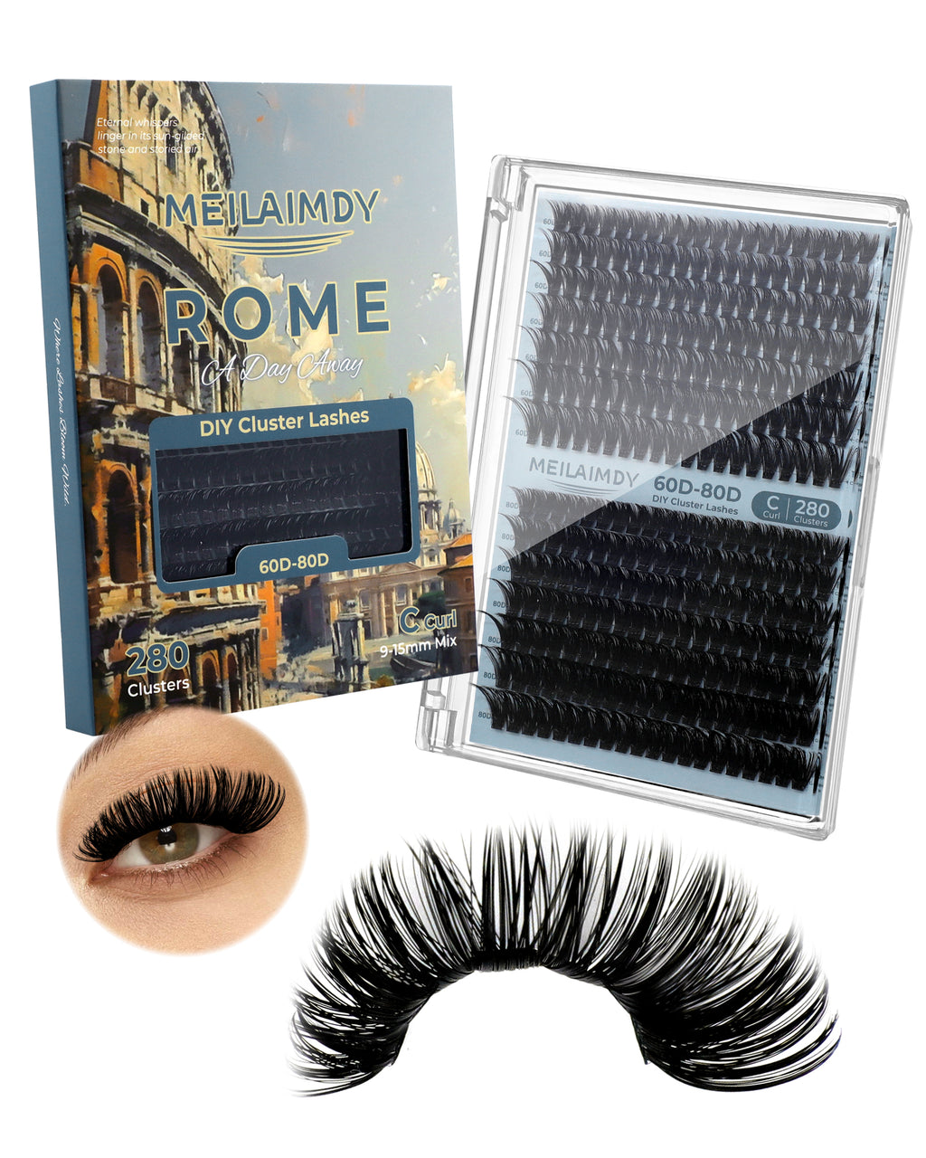 MEILAIMDY 60D 80D DIY Cluster Lashes 0.07mm C Curl 9-15mm Reusable (MEDIY6080C, Black 280 Clusters)