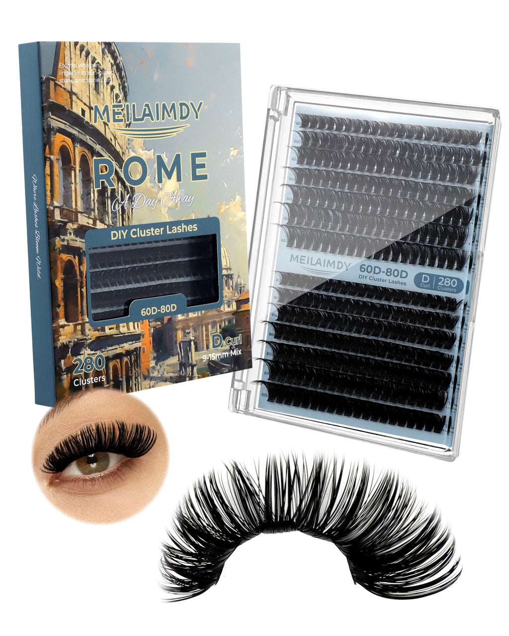 MEILAIMDY 60D 80D DIY Cluster Lashes 0.07mm D Curl 9-15mm Reusable (MEDIY6080D, Black 280 Clusters)