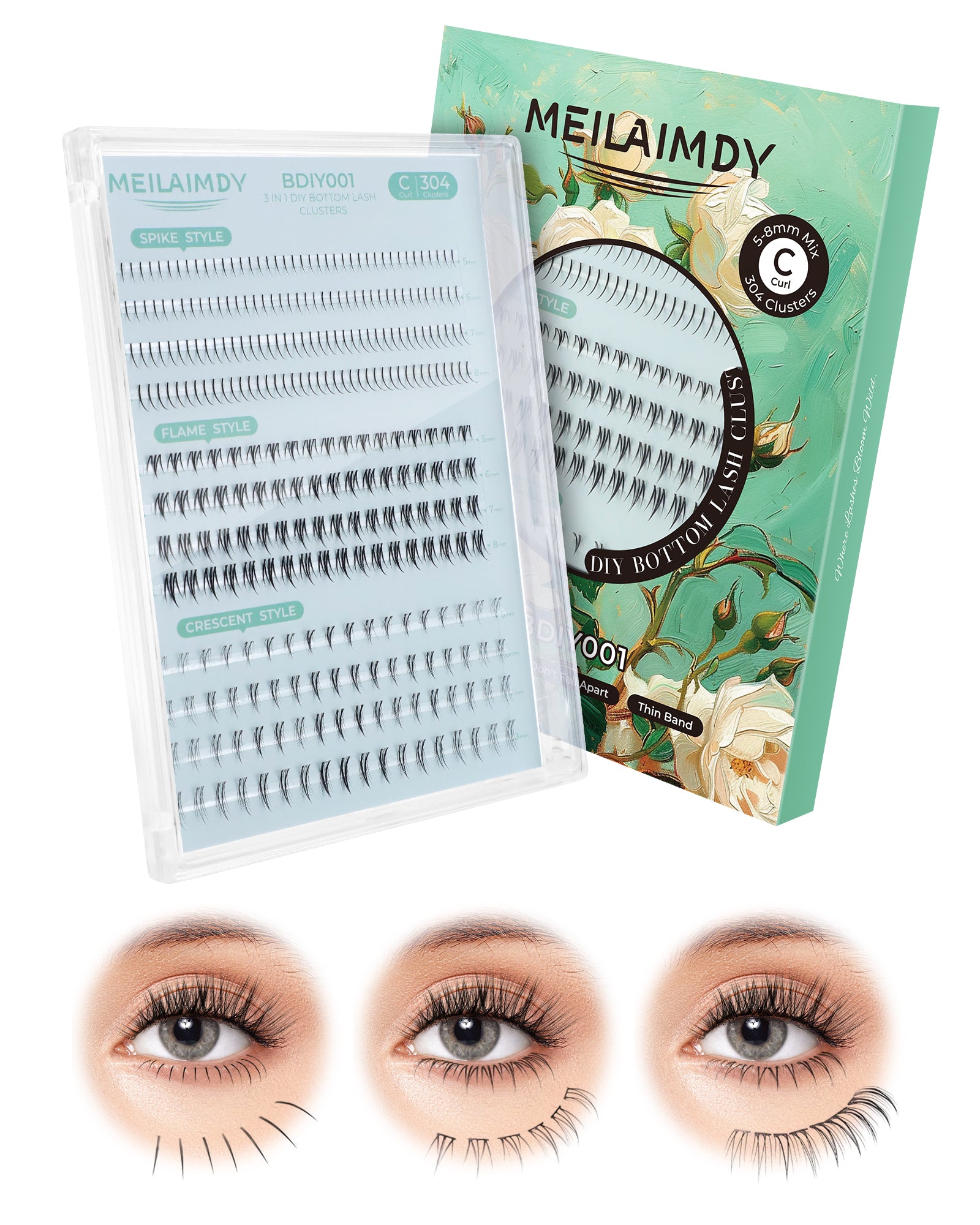 MEILAIMDY 3 in 1 DIY Lower Cluster Lashes 0.07mm C Curl 5-8mm (MEBDIYM3-001,304Pcs)