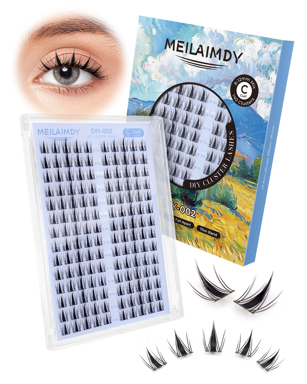 MEILAIMDY DIY Cluster Lashes 0.07mm C Curl (MEDIY002, 140 Clusters 8-12mm Mix Length)