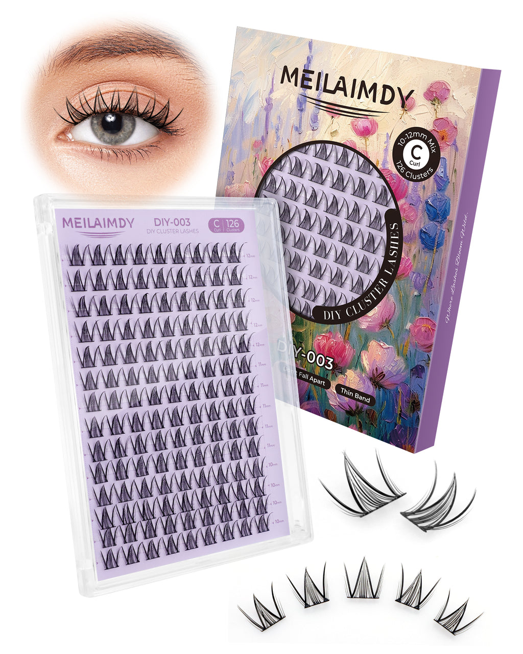 MEILAIMDY DIY Cluster Lashes 0.07mm C Curl (MEDIY003, 128 Clusters 10-12mm Mix Length)