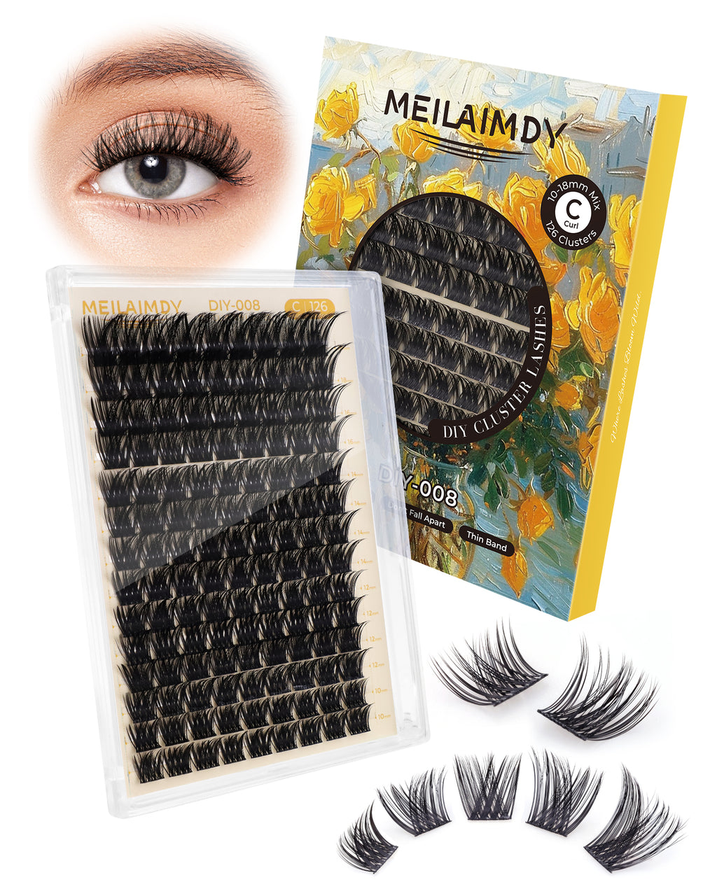 MEILAIMDY DIY Cluster Lashes 0.07mm C Curl (MEDIY008, 126 Clusters 10-18mm Mix Length)
