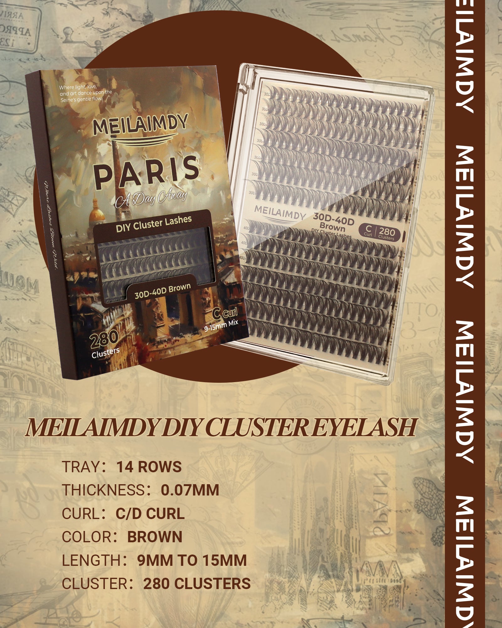 MEILAIMDY 30D 40D DIY Cluster Lashes 0.07mm C Curl 9-15mm Reusable (MEDIYBR3040C, Brown 280 Clusters)