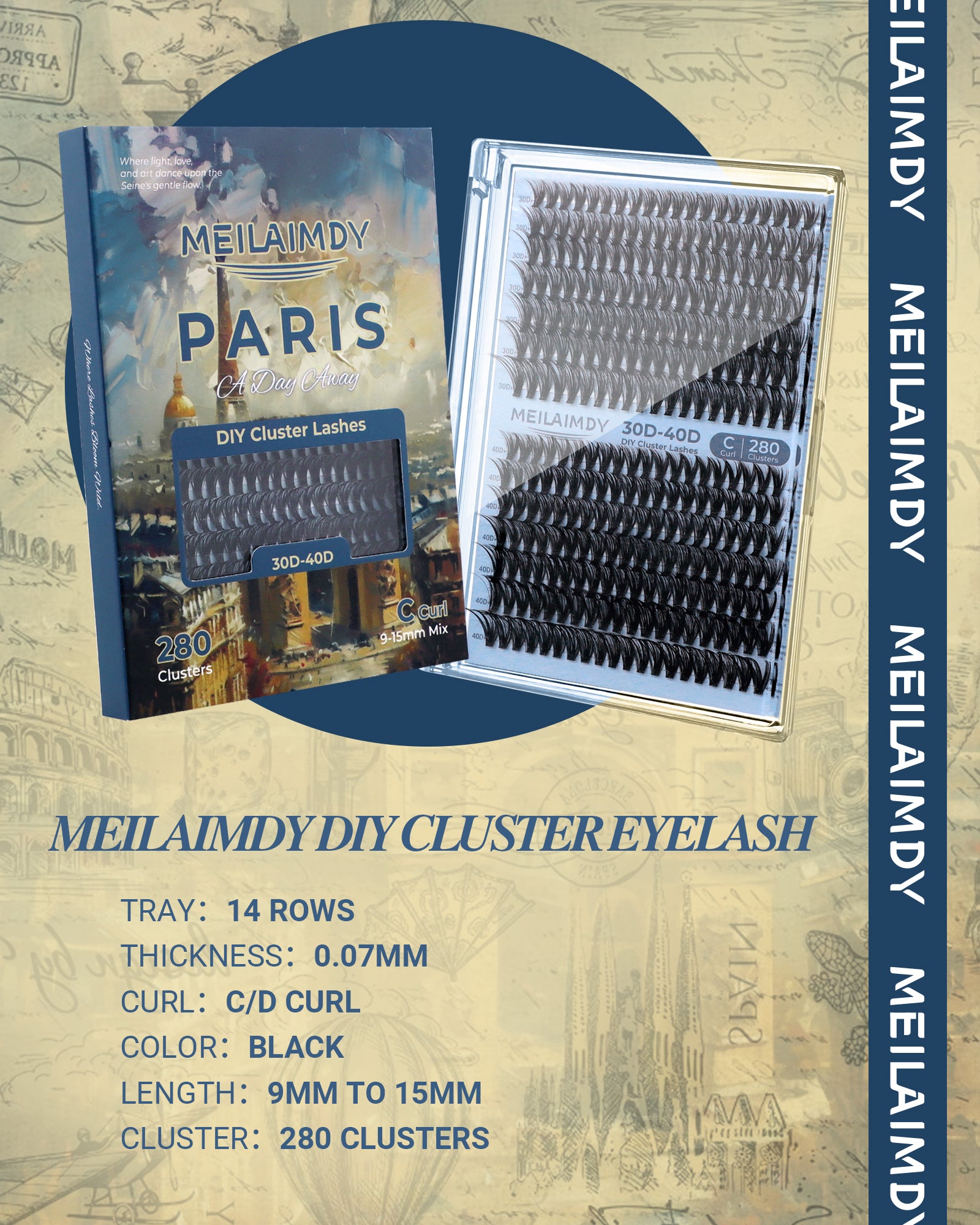 MEILAIMDY 30D 40D DIY Cluster Lashes 0.07mm C Curl 9-15mm Reusable (MEDIY3040D, Black 280 Clusters)