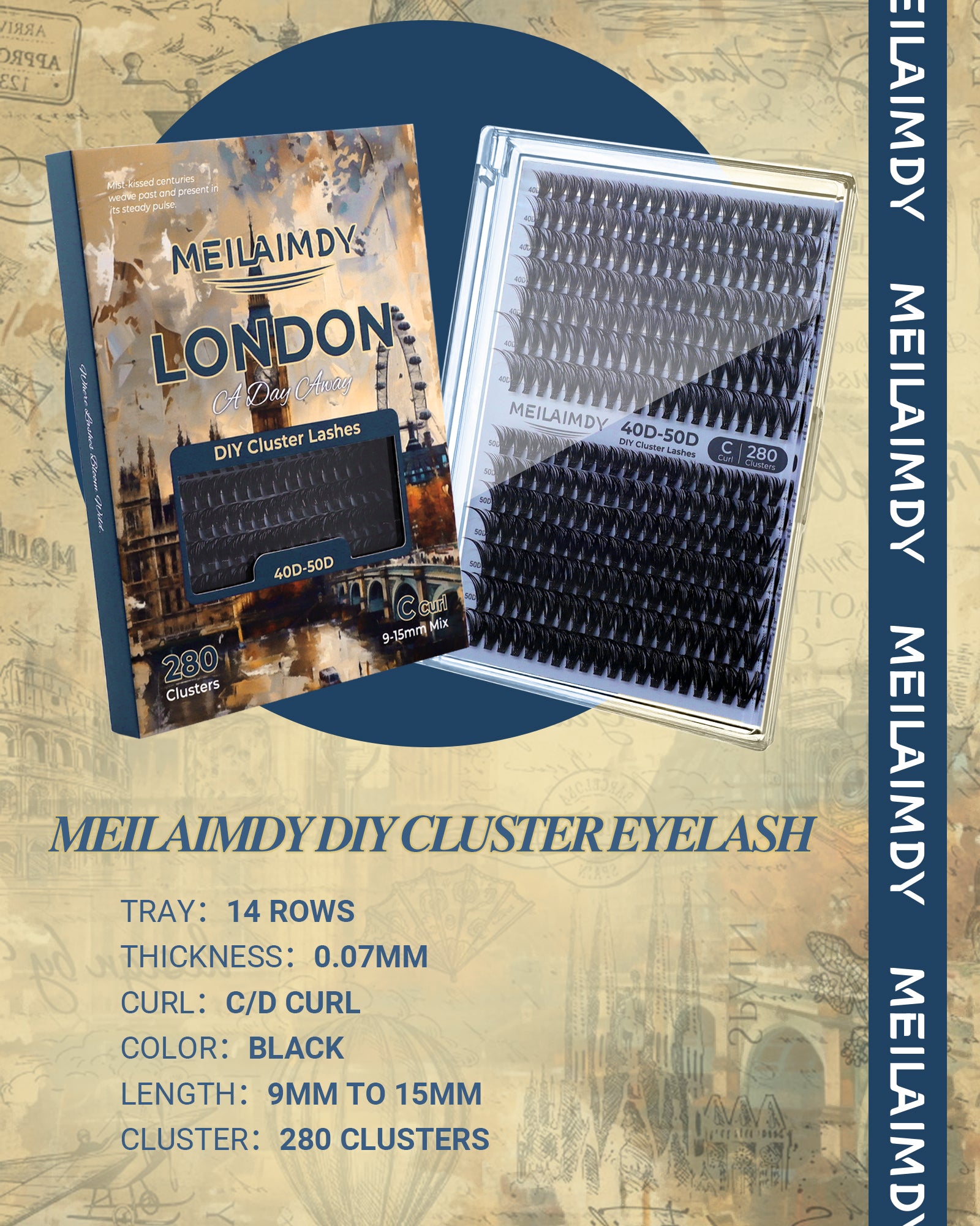 MEILAIMDY 40D 50D DIY Cluster Lashes 0.07mm C Curl 9-15mm Reusable (MEDIY4050C, Black 280 Clusters)
