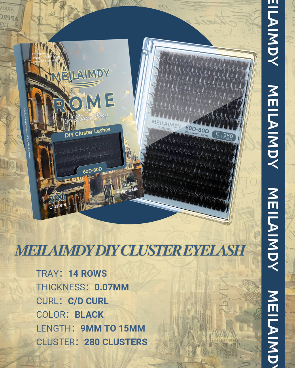 MEILAIMDY 60D 80D DIY Cluster Lashes 0.07mm C Curl 9-15mm Reusable (MEDIY6080C, Black 280 Clusters)